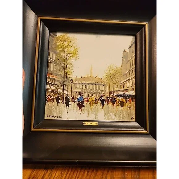 Lot of 2 "A Street in Paris" Paintings Oil Painted Tiles M. Maresca 1949. Set